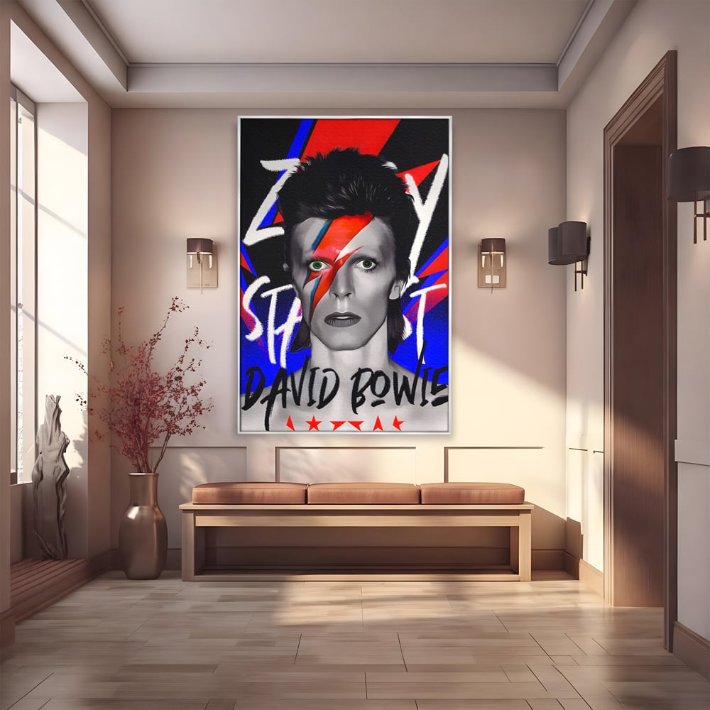 Tablou canvas cu tablou canvas cu portretul lui david bowie, in rama de aluminiu argintiu